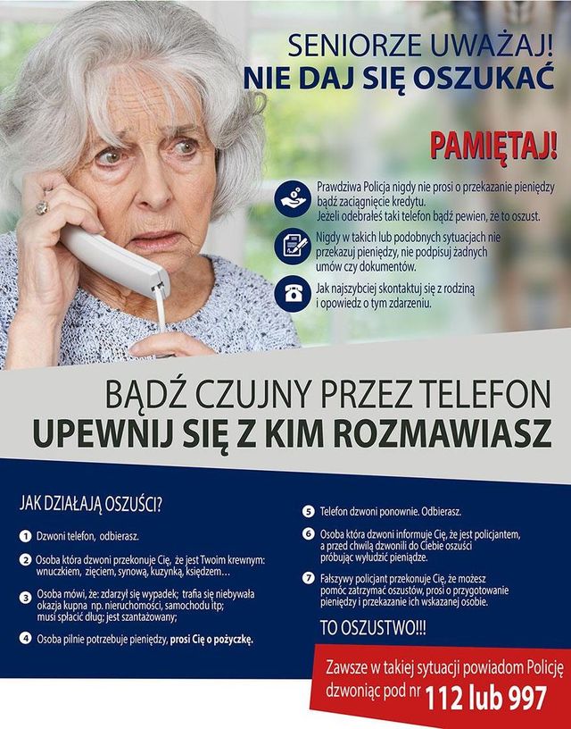 Seniorze uważaj nie daj się oszukać plakat przedstawiający starszą kobietę rozmawiającą przez telefon i porady co należy zrobić aby nie paść ofiarą oszustów