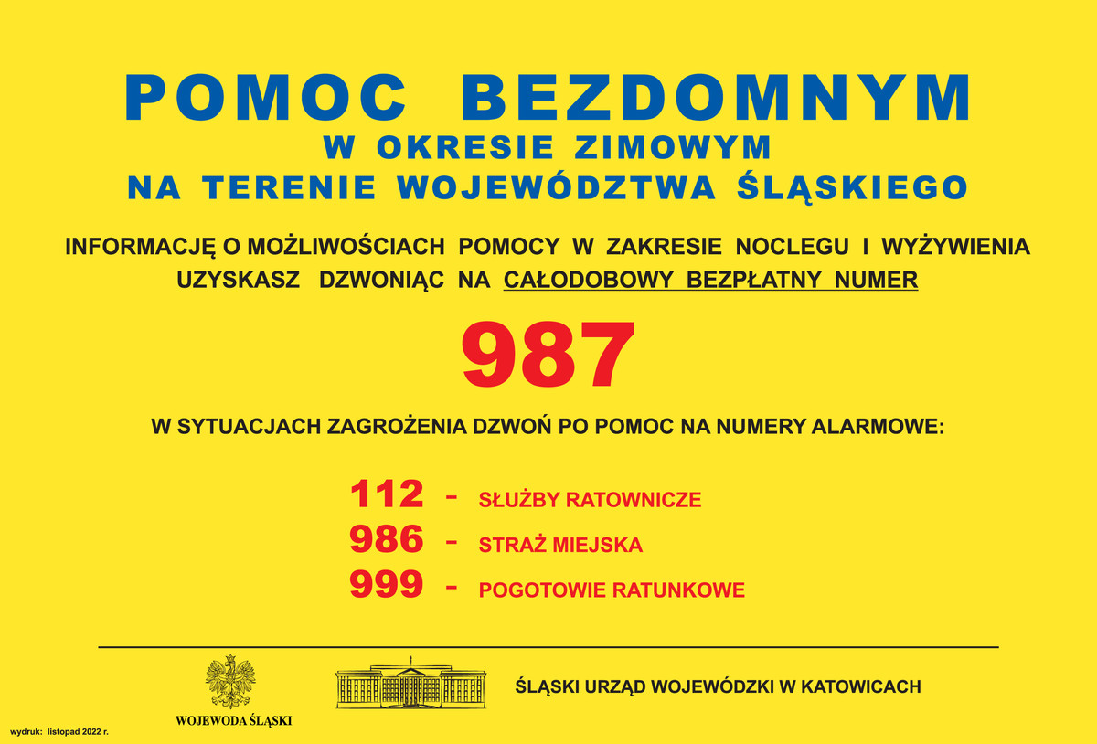 Zdjęcie przedstawia plakat Pomoc Bezdomnym i numer telefonu 987