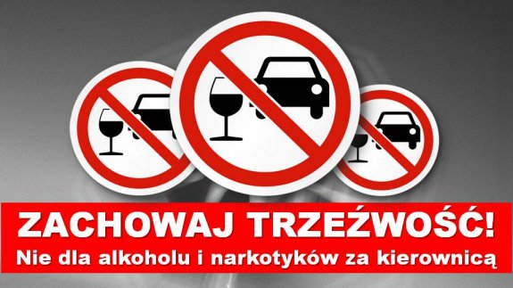 Zdjęcie przedstawia trzy znaki zakazu, w których jest przekreślony kieliszek i auto oraz napis zachowaj trzeźwość, nie dla alkoholu i narkotyków za kierownicą.