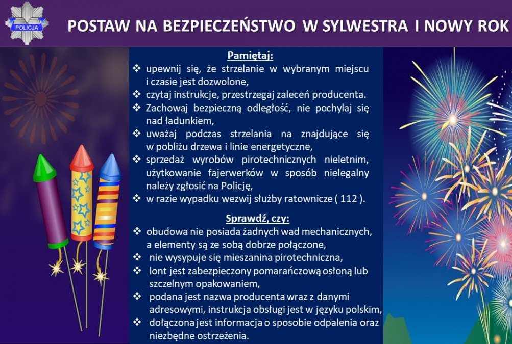 Zdjęcie przedstawia plakat z fajerwerkami, poradami dotyczącymi używania fajerwerków, opis w treści komunikatu  i napisem postaw na bezpieczeństwo w Sylwestra i Nowy Rok