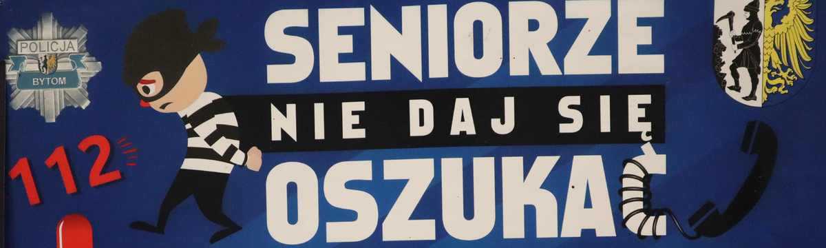 Zdjęcie przedstawia plakat, na którym widzimy uciekającego złodzieja, telefon, odznakę policyjną oraz napisy 112 i seniorze nie daj się oszukać. 