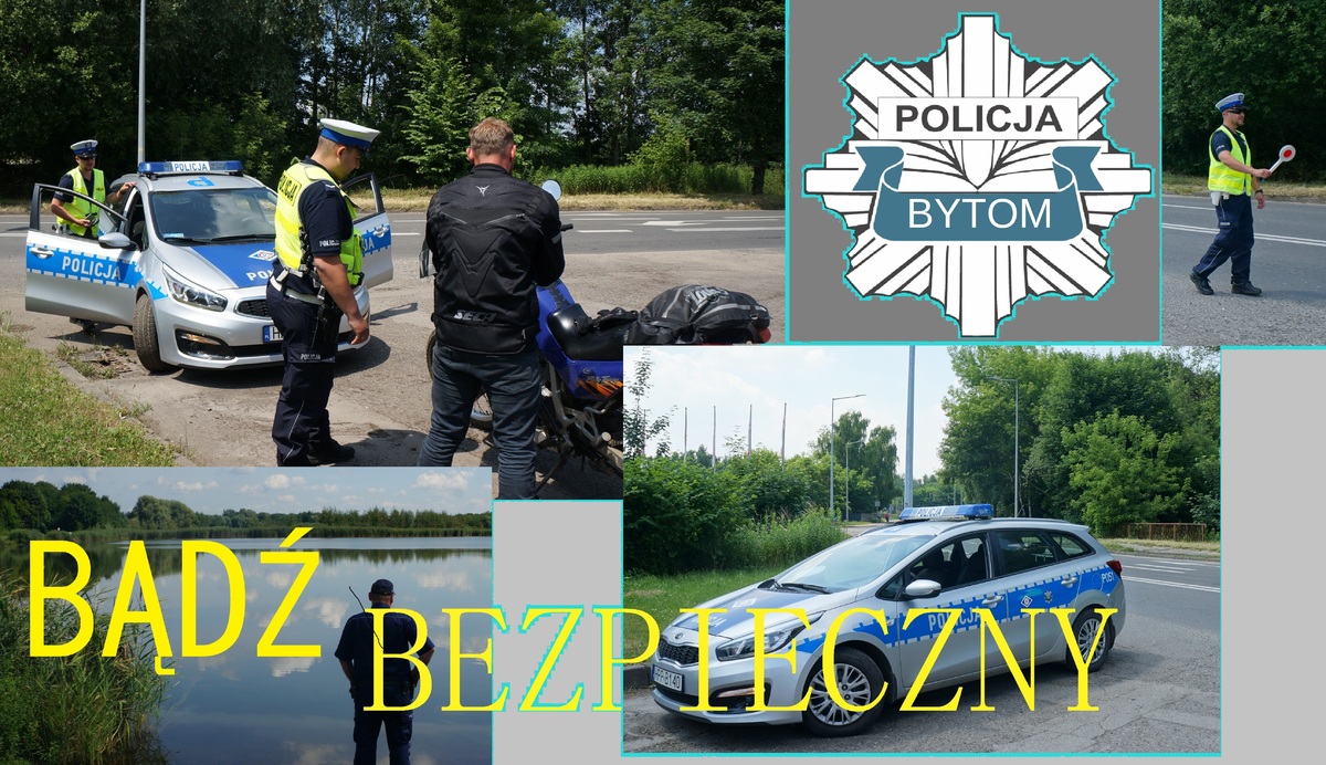 Na zdjęciu napis Bezpieczny weekend, Boże Ciało oraz mozaika z kilku zdjęć, policjantów stojących przy motocykliście, policjanta podnoszącego tarczę do zatrzymania pojazdów, radziowozu służbowego, policjanta stojącego na brzegu zbiornika wodnego.