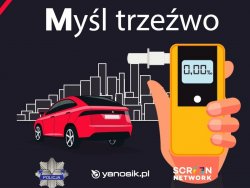 Plakat Myśl trzeźwo auto i alkomat