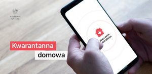 Plakat telefon w ręku i napis kwarantanna domowa