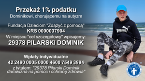 Plakat dotyczący przekazania 1 % podatku na chorego chłopca