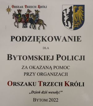 Podziękowania za pomoc przy organizacji Orszaku Trzech Króli dla bytomskiej Policji