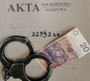 Obwoluta akt sprawy, banknot 20 złotych i kajdanki.