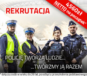 Zdjęcie przedstawia czworo policjantów i napis Rekrutacja 4560 złotych na początek, Policję tworzą ludzie twórzmy ją razem.