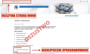 Zdjęcie przedstawia stronę internetową Policji, gdzie na czerwono widnieją napisy fałszywa strona www, oszustwo, niebezpieczne oprogramowanie.