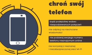 Zdjęcie przedstawia telefon komórkowy i napis oszuści nie śpią.