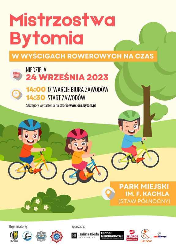 Na plakacie widzimy rowerzystów i napis Mistrzostwa Bytomia w wyścigach rowerowych na czas szczegóły w tekście.
