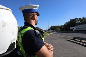 Na zdjęciu widzimy policjanta ruchu drogowego, który patrzy na jezdnię.