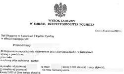 Zdjęcie przedstawia fragment wyroku sądowego z zatuszowanymi danymi.