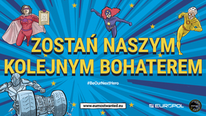 Zdjęcie przedstawia plakat i napis zostań naszym kolejnym bohaterem.