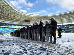 Na zdjęciu w szeregu stoją policjanci na stadionie.