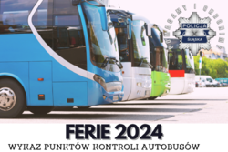 Plakat z autobusami i napis Ferie 2024.