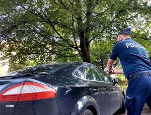 Na zdjęciu policjant trzymający w dłoniach pałkę policyjną, biorący zamach przed uderzeniem w szybę ciemnego samochodu osobowego.