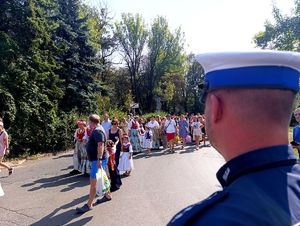 Na zdjęciu policjant stojący przy radiowozie, przed nim maszerujące osoby.