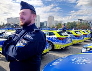 Na zdjęciu umundurowany policjant stojący przy radiowozach służbowych