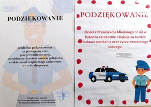 Na zdjęciu dwa podziękowania dla policjantów za przeprowadzone zajęcia od przedszkoli numer 30 i 43 w Bytomiu.