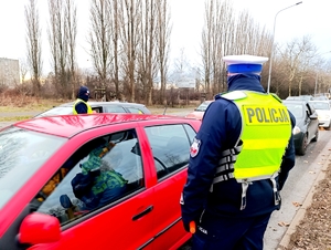 Policjant stojący na jezdni i prowadzący badania trzeźwości nadjeżdżających kierujących.