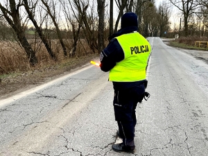 Policjant stojący na środku jezdni, trzyma w dłoni latarkę.