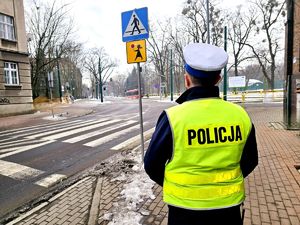 na zdjęciu policjant stojący przy przejściu dla pieszych