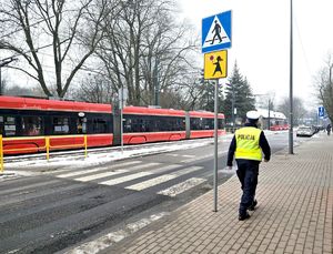 na zdjęciu policjant stojący przy przejściu dla pieszych