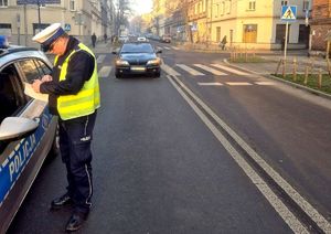 na zdjęciu policjant drogówki przy radiowozie, za nim na pasach samochód osobowy