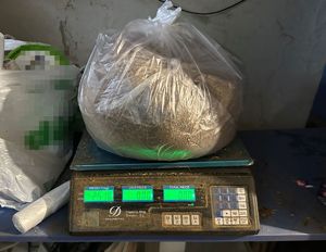 na zdjęciu waga na niej brązowy susz w worku
