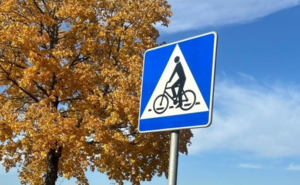 na zdjęciu znak drogowy oznaczający przejazd dla rowerzystów obok drzewo z pomarańczowymi liśćmi