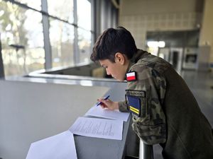 na zdjęciu uczeń w zielonym moro, rozwiązujący test wiedzy