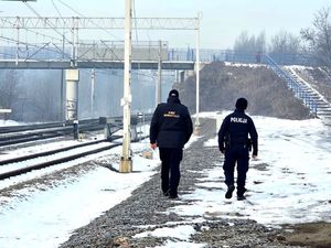 policjant i funkcjonariusz Straży Ochrony Kolei idący obok torowiska kolejowego, przed nimi wiadukt