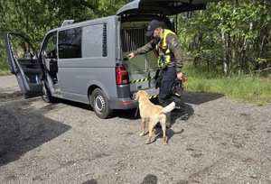mężczyzna obok samochodu, przy nim pies