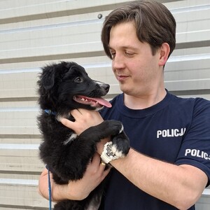 policjant trzyma na rękach szczeniaka