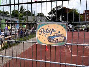 plakat na ogrodzeniu z napisem Policja i narysowanym radiowozem