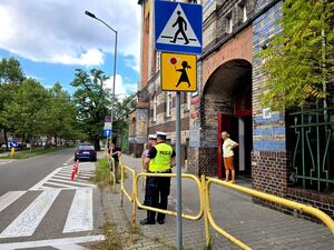 widzimy dwóch policjantów ruchu drogowego stojących przy szkolnym przejściu dla pieszych