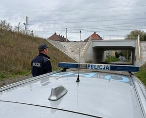 policjant stojący przy radiowozie, przed nim wiadukt kolejowy