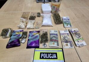 substancje w woreczkach białego koloru, kremowego koloru i susz roślinny, oraz banknoty leżące na stoliku, obok opaska z napisem Policja.